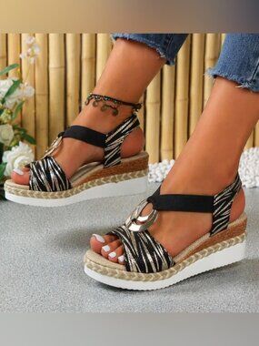 Platform Espadrille Wedge Sandals Black Gold Open Toe Summer Size 8